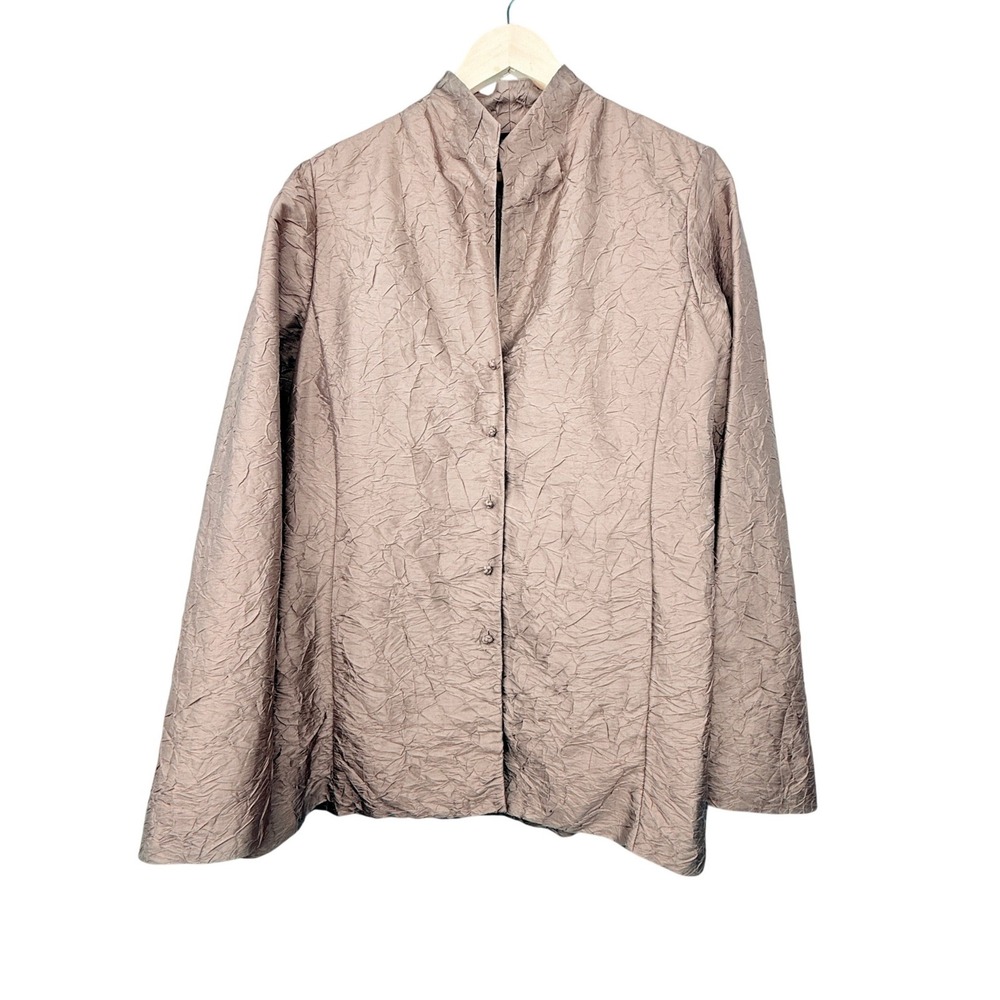 Eileen‎ Fisher Blazer Womens M Brown 100% Silk Crinkle Textured Mandarin Collar